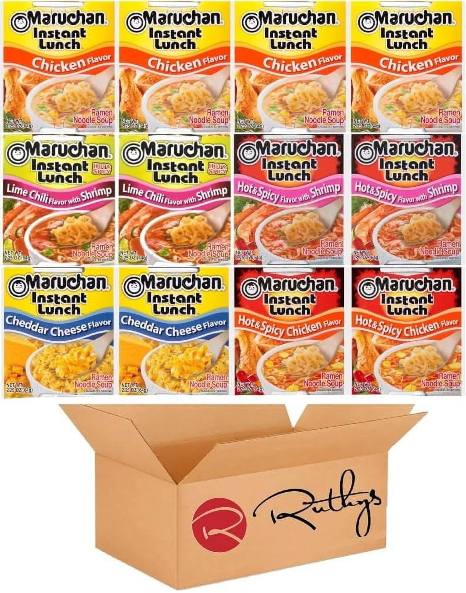 Ruthy's Outlet Ramen Noodle Cup Soup Instant Lunch Variety 12 Count - 5 Flavors -Chicken, Lime chili shrimp, Chedder cheese, Spicy Chicken, Spicy Shrimp