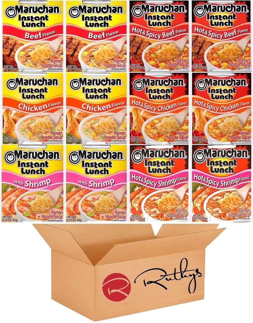 Ruthy's Outlet Ramen Noodle Cup Soup Instant Lunch Variety 12 Count - 6 Flavors -Chicken, Beef, Shrimp, Spicy Beef, Spicy Chicken, Spicy Shrimp