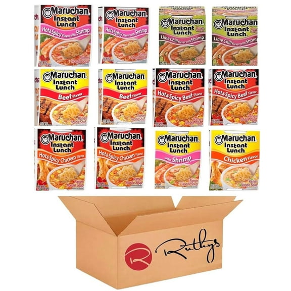 Ruthy's Outlet Ramen Noodle Cup Soup Instant Lunch Variety 12 Count - 7 Flavors -Chicken, Beef, Shrimp, Lime Chili Shrimp, Spicy Beef, Spicy Chicken, Spicy Shrimp
