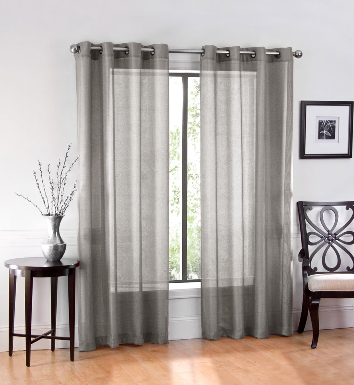 Ruthy's Textile 2 Piece Window Sheer Curtains Grommet Panels 54" X 63" Total 108" X 63" Inch Length for Kitchen,Bedroom/Living Room Color: Grey