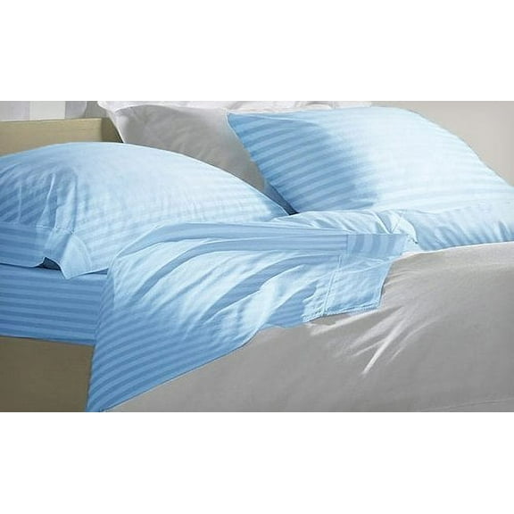 Ruthy's Textile 300 Thread Count 100% Cotton Sateen Dobby Stripe Sheet Set, King, Light Blue