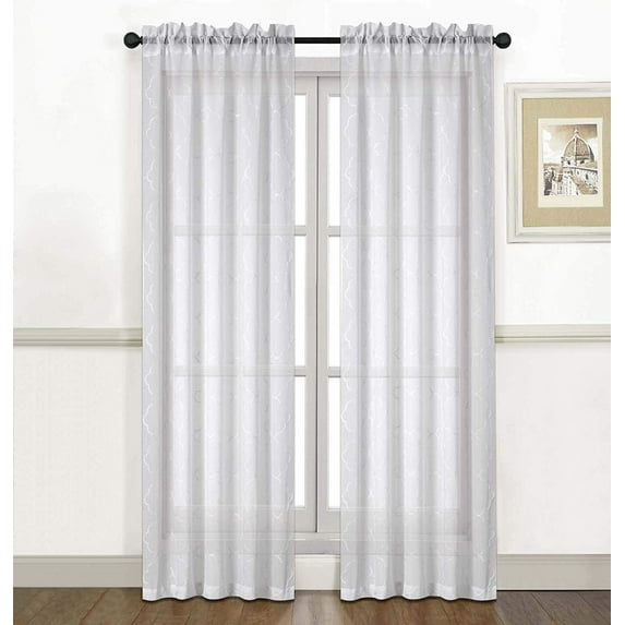 Ruthy's Textile White Sheer Curtains 2 x 38 x 84 Panels, Rod Pocket Top - Moroccan Tile Trellis Embroidered Voile Drapes - for Bedroom, Living Room or Dining Room Windows