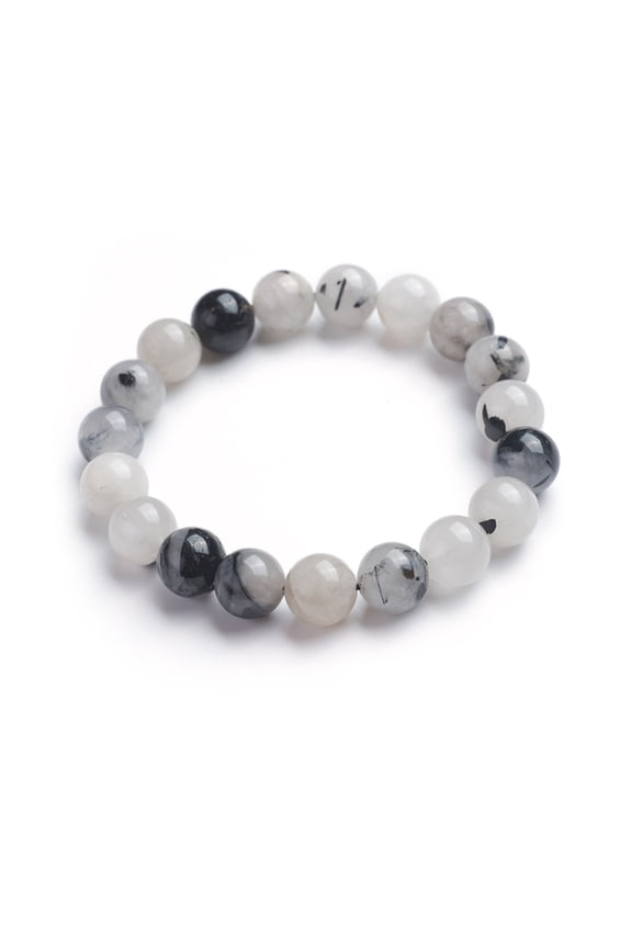 Rutilated Quartz 6 pc Natural Tourmalinated Quartz/Black Rutilated Quartz Stretch Bracelets Round 2-1/8 inch(5.3cm) Bead: 10.8~11.5mm