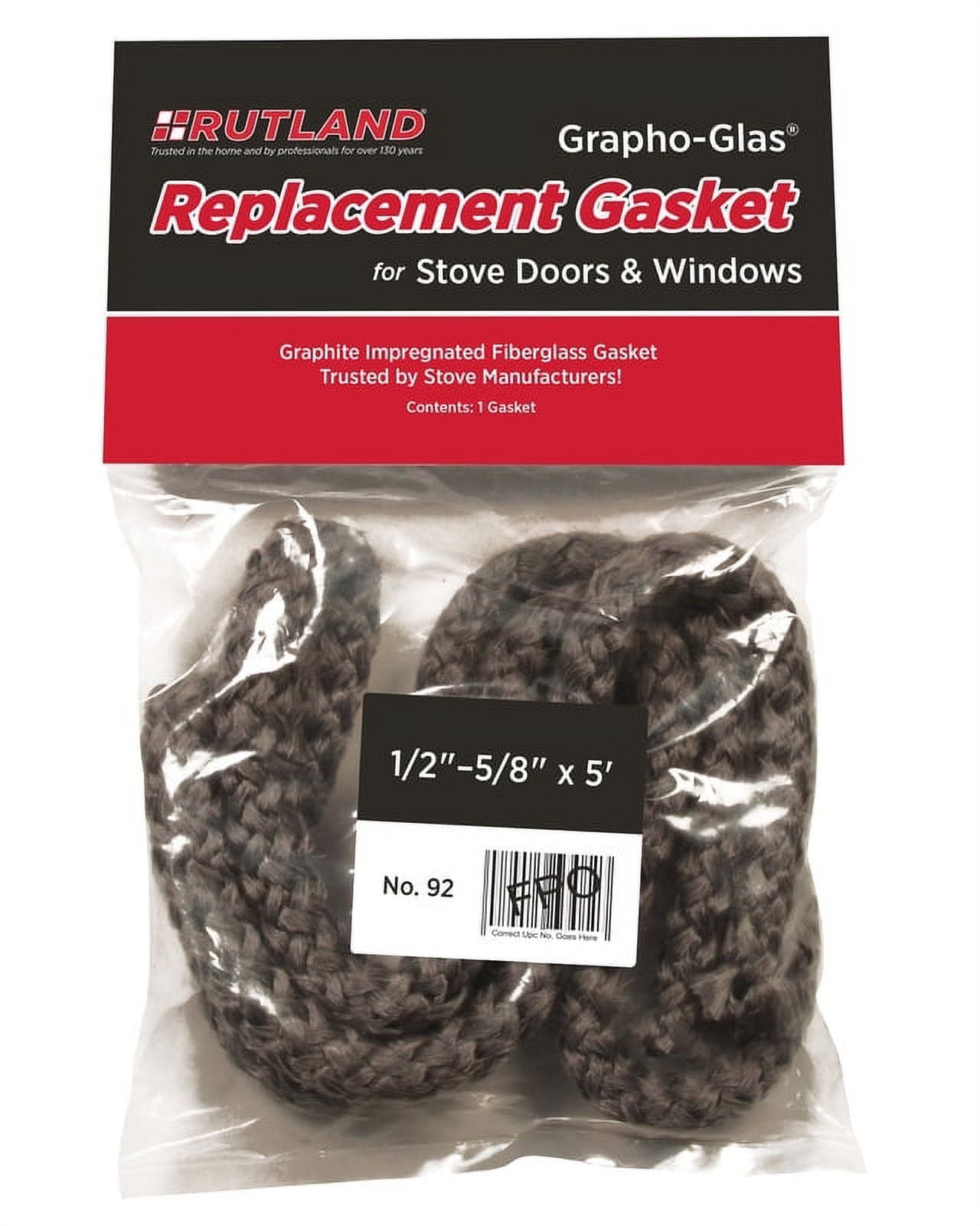 Rutland Grapho-Glas 92 Stove Gasket, 1/2"-5/8" x 5' L Rope, Black