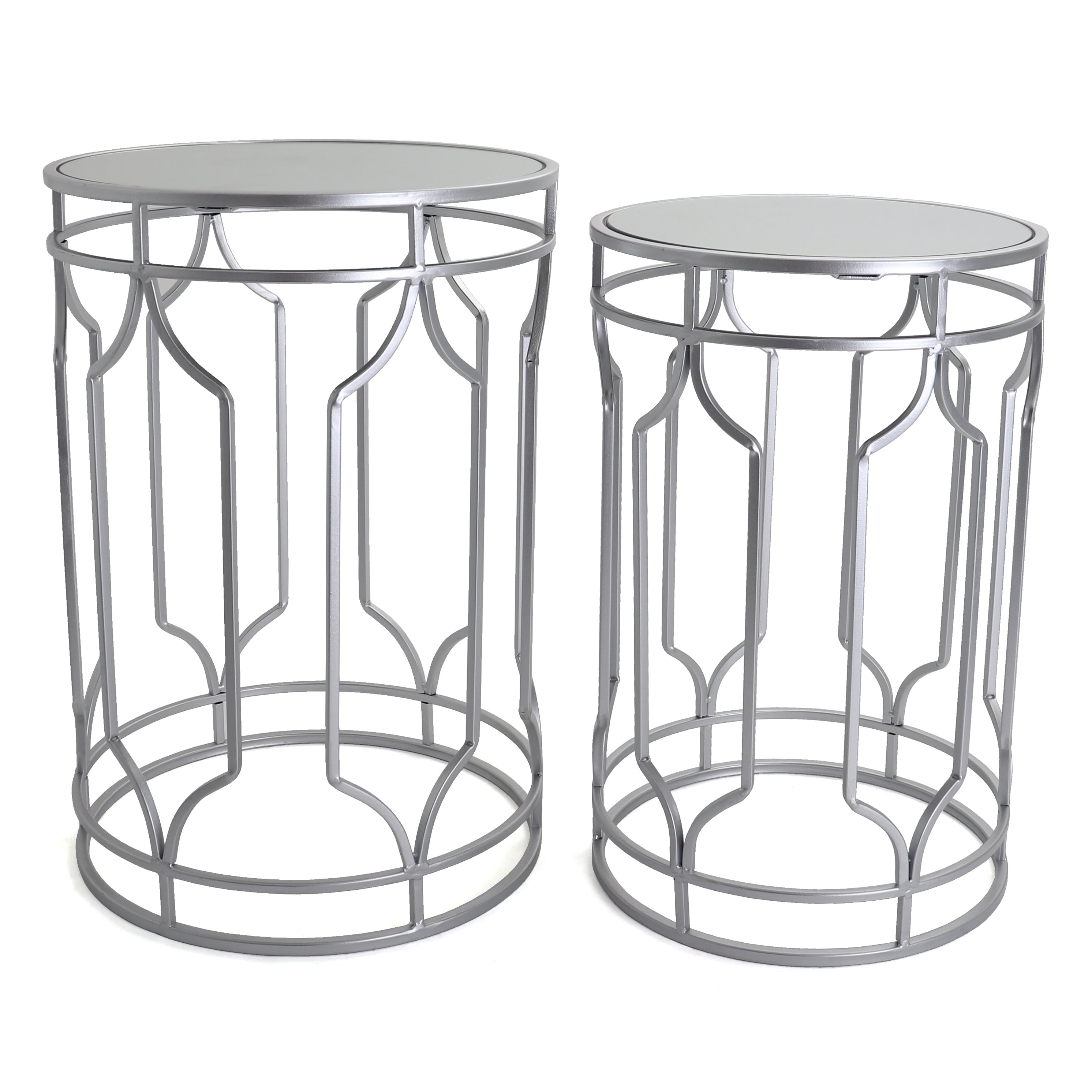 Silver Round Mirrored Glass Top Nesting End Tables Set