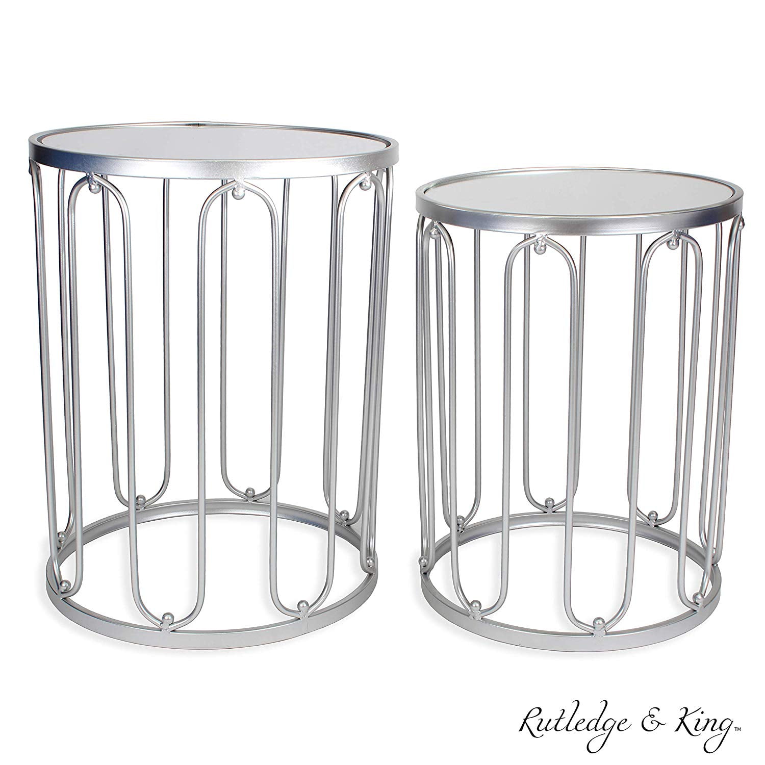 Round Silver Metal and Glass Mirrored Nesting End Tables