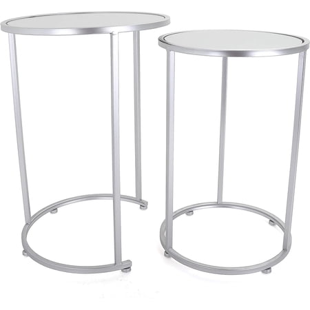 Rutledge & King Round End Table Set - Silver End Tables with Mirrored Tops - Nesting Round Accent Tables - Silver and Mirrored Metal Side Tables Odessa End Table Set
