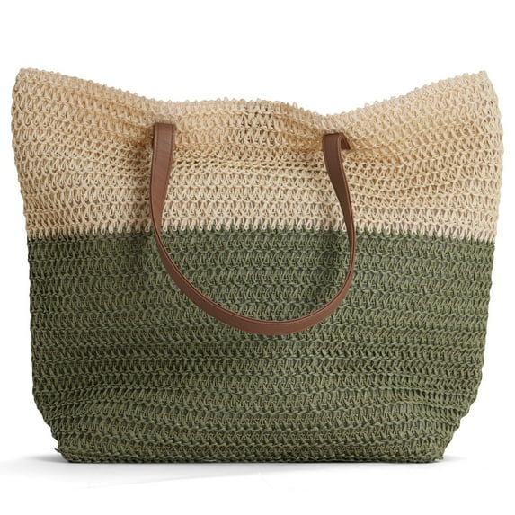 Rutledge & King Large Straw Beach Tote Bag - Green - 2 Pack