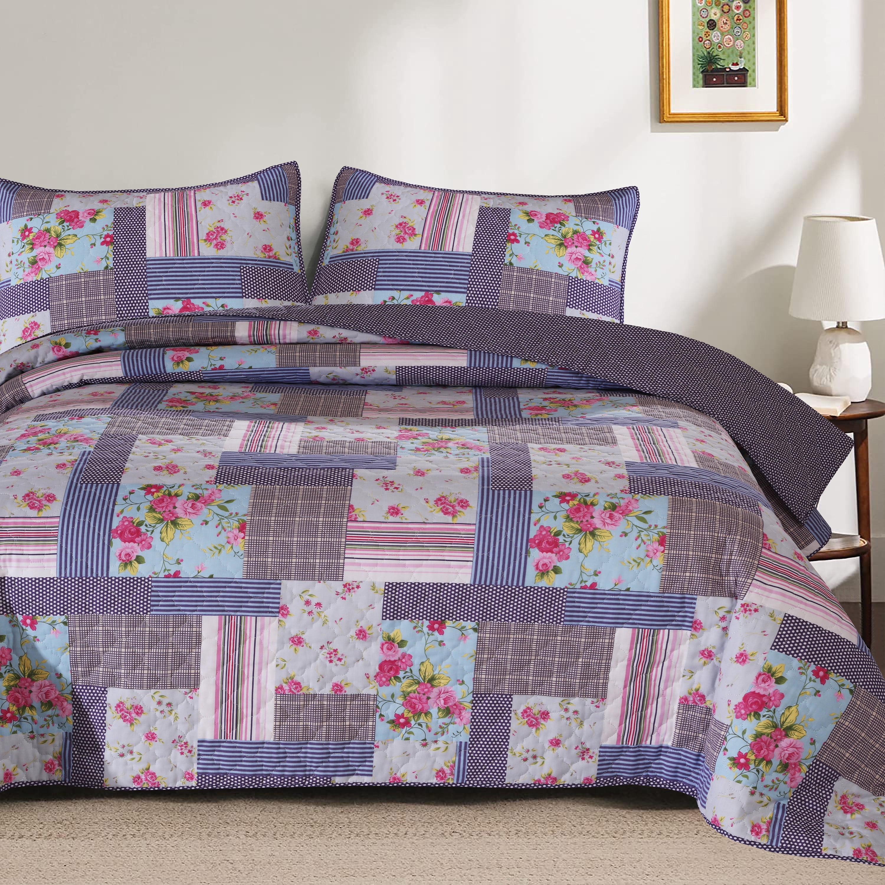 RUVANTI 100% Cotton 3 Pcs King Quilt Set Bedspreads, Lightweight Coverlet, Soft, Warm Comforter. All Season Quilt King Size Set Include Quilt & 2 Pillowcovers, Reversible Pink Rose Design