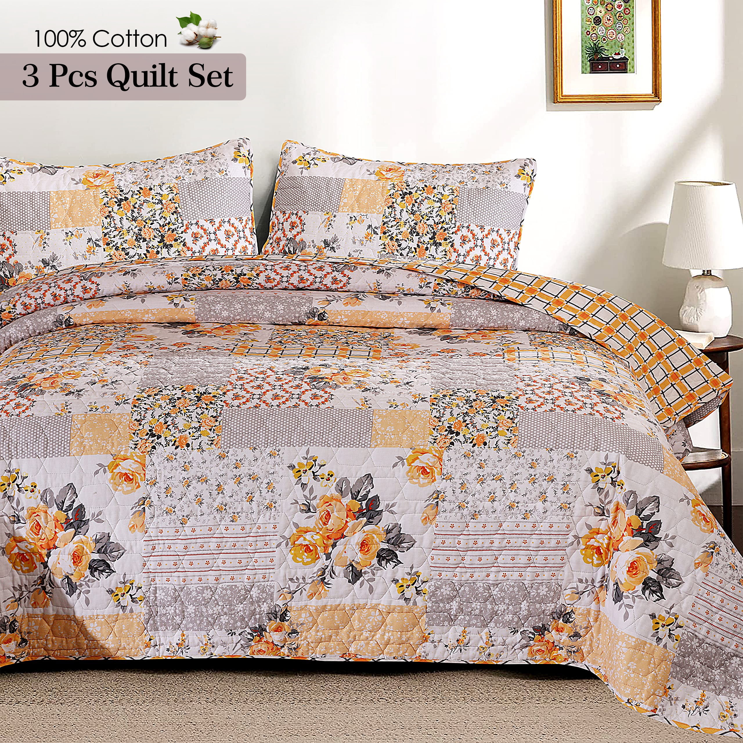 Full Size Pink and Yellow Cotton Reversible Patchwork Quilt Set
