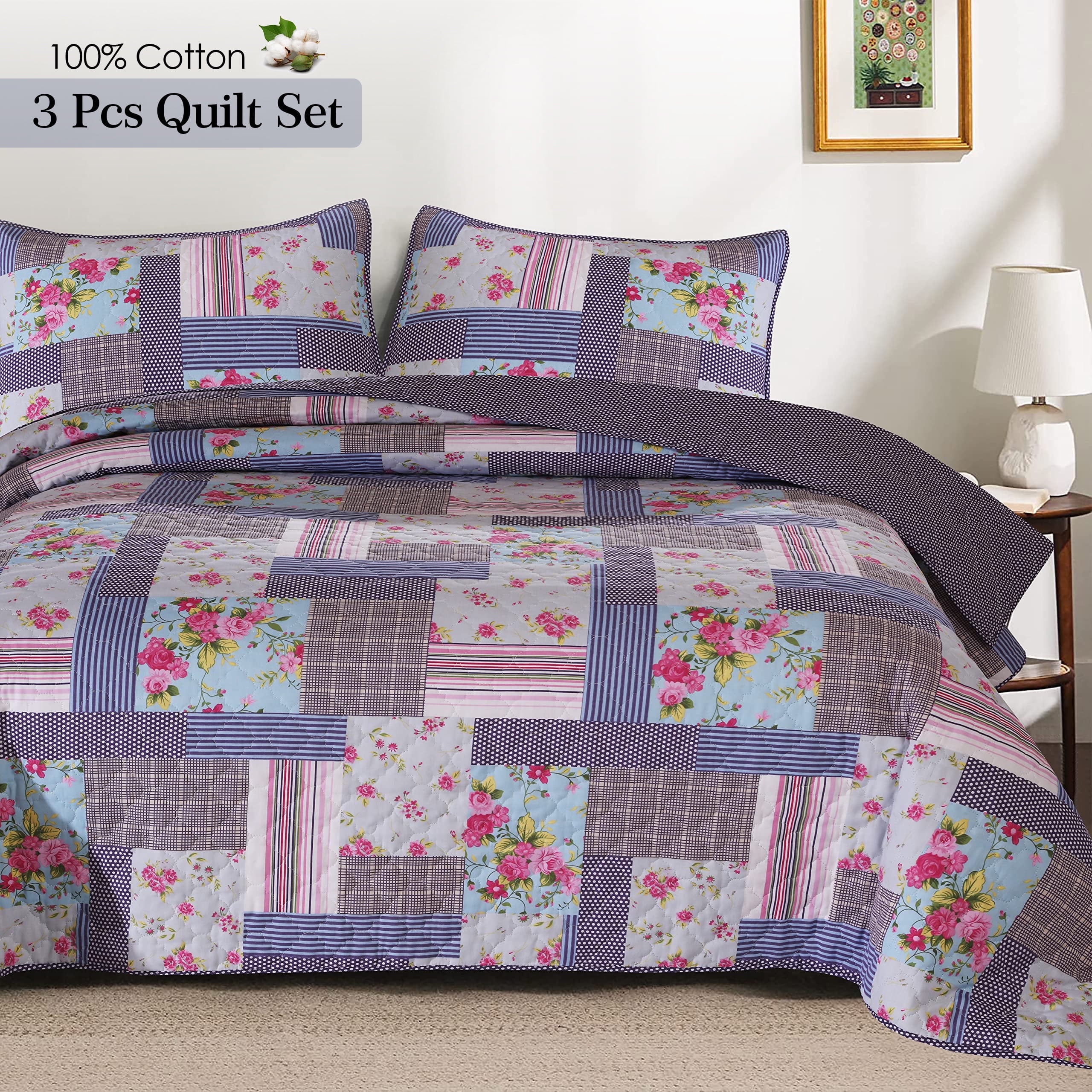 Full Pink Cotton Floral Reversible Quilt Set