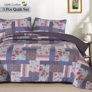 Ruvanti Full Bedding Set, 100% Cotton Summer Quilt for Queen Bed, Includes 2 Pillow Covers, Reversible Patchwork Design