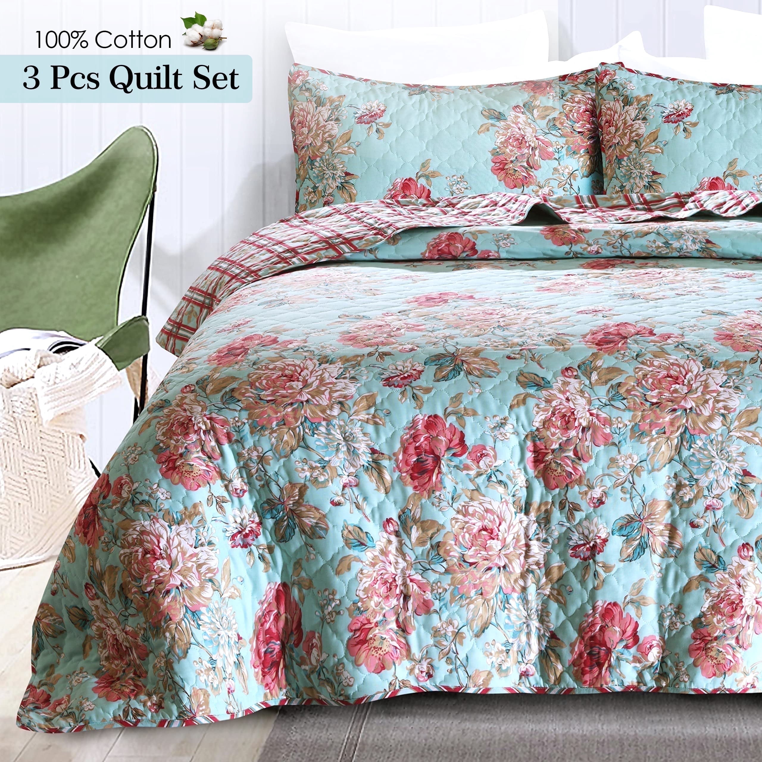 RUVANTI 100% Cotton 3 Pcs Quilt Set Queen/Full Bedspreads, Lightweight Coverlet, Soft, Warm Comforter. All Season Quilts Queen Size Set Include Quilt & 2 Pillowcovers, Reversible Floral Bunch Design