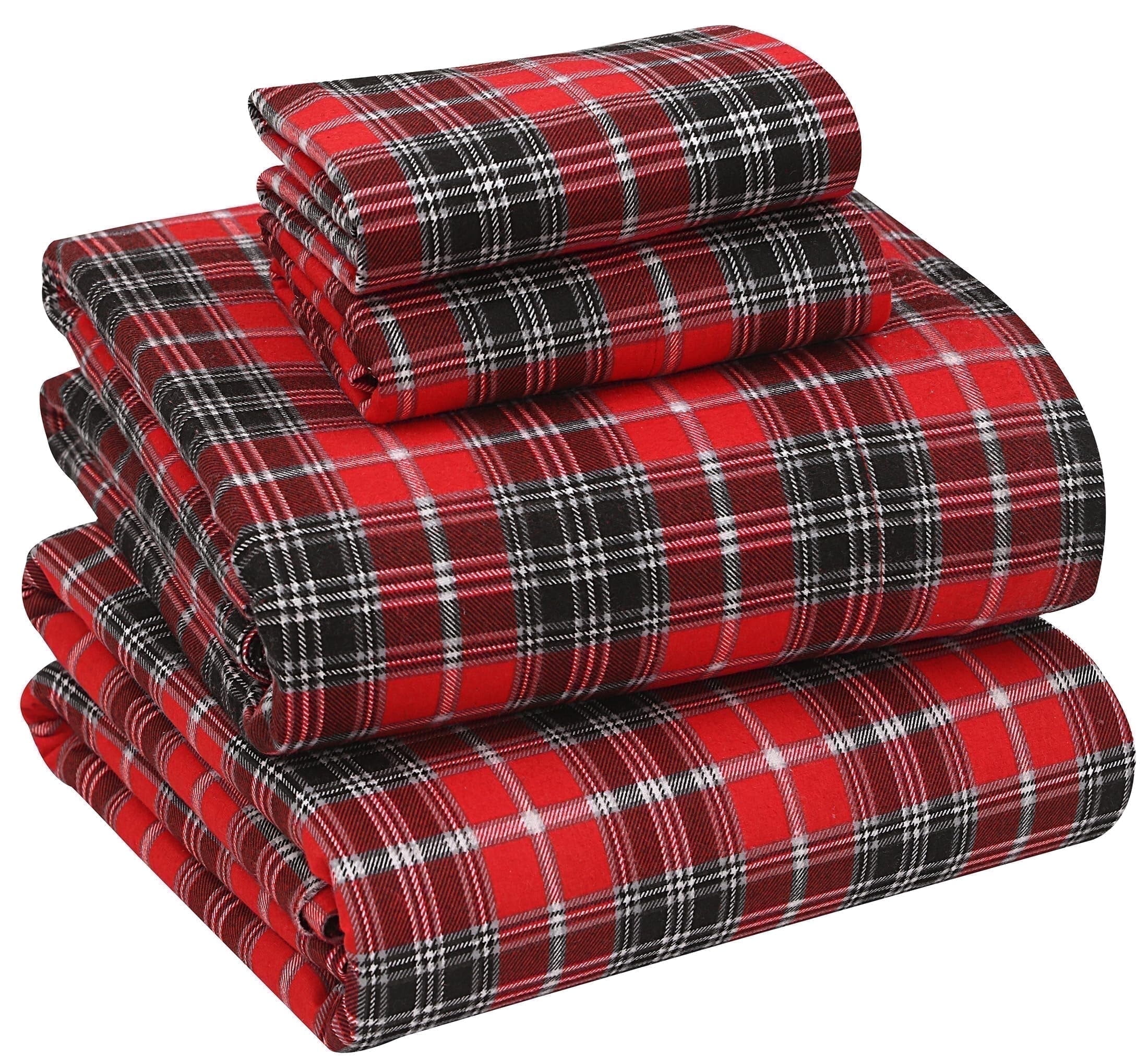 Full Size Red and Black Plaid Cotton Flannel Sheet Set