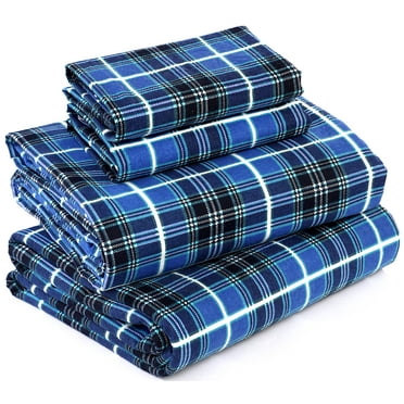Ruvanti 100% Cotton 4 Pcs Flannel Sheets Full, Super Soft, Breathable, Moisture Wicking Full Size Sheet Sets, Bed Sheets Include Flat, Fitted Sheet,2 Pillowcase - Blue Plaid