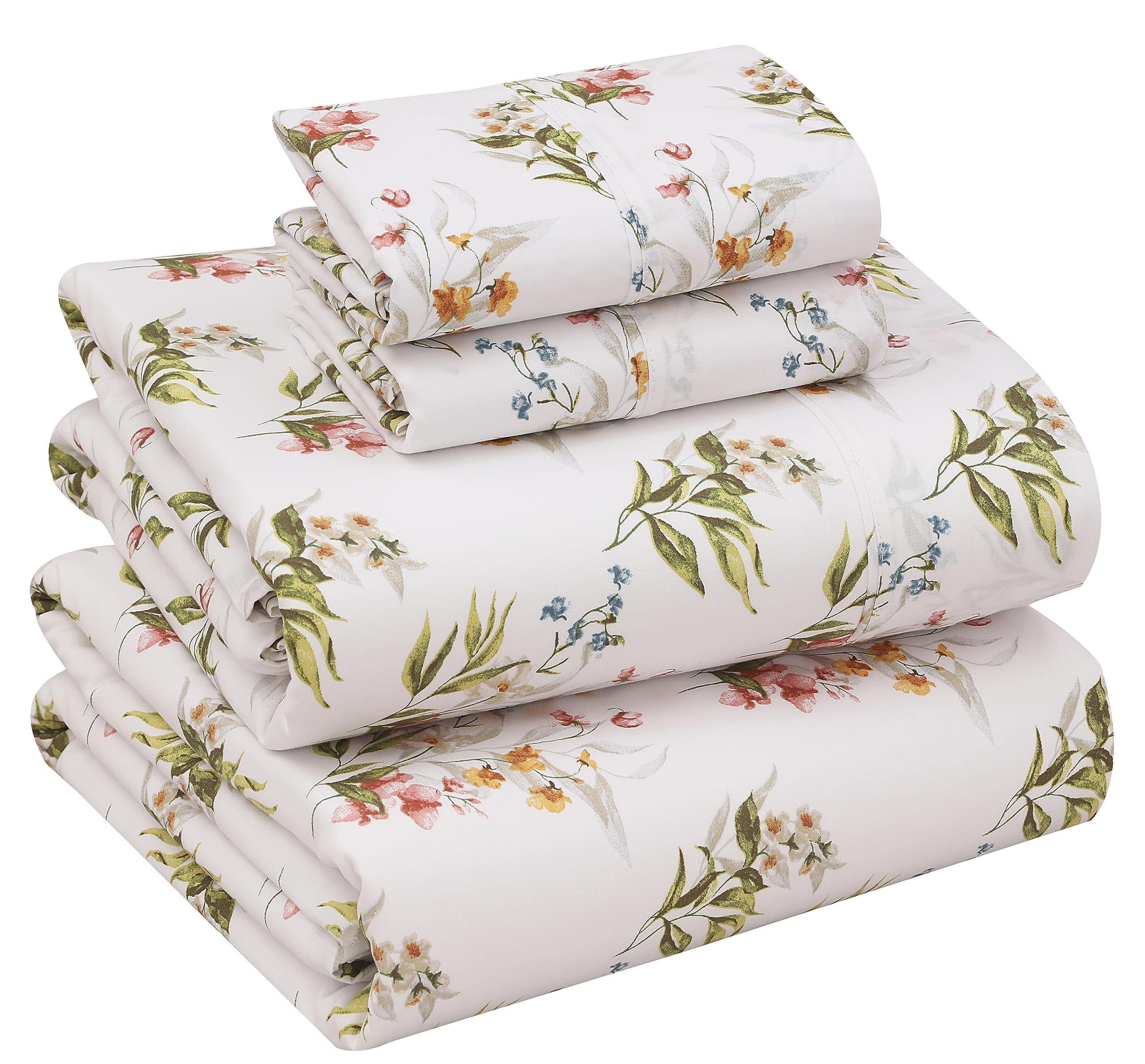 RUVANTI 100% Cotton Sheets – Queen Size Percale Bedding, Cooling & Breathable Floral Design, Durable with a Crisp, Soft & Comfortable Feel, 16" Deep Pocket, 4-Piece Set, Floral Bliss