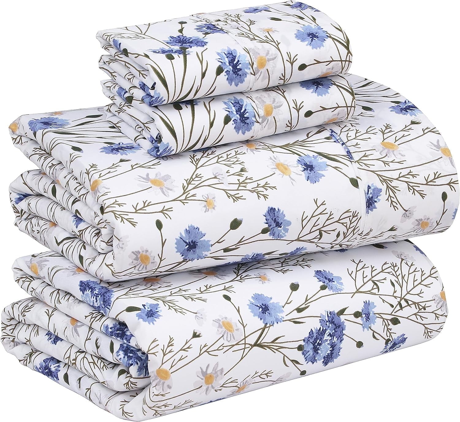 Sweet Pea Blue Floral Cotton Percale Queen Sheet Set