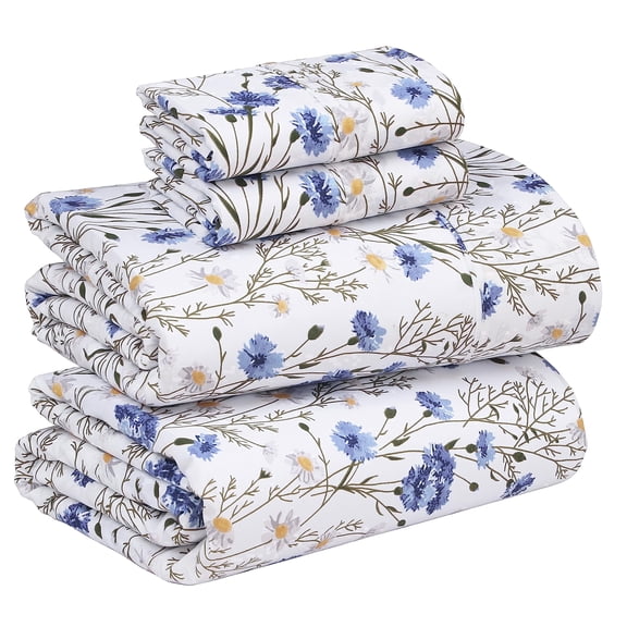 RUVANTI 100% Cotton Sheets – Queen Size Percale Bedding, Cooling & Breathable Floral Design, Durable with a Crisp, Soft & Comfortable Feel, 16" Deep Pocket, 4-Piece Set, Sweet Pea