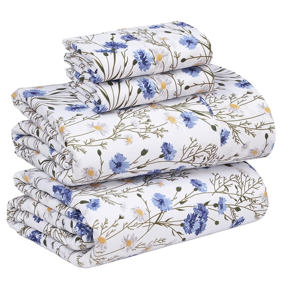 RUVANTI 100% Cotton Sheets – Queen Size Percale Bedding, Cooling & Breathable Floral Design, Durable with a Crisp, Soft & Comfortable Feel, 16" Deep Pocket, 4-Piece Set, Sweet Pea