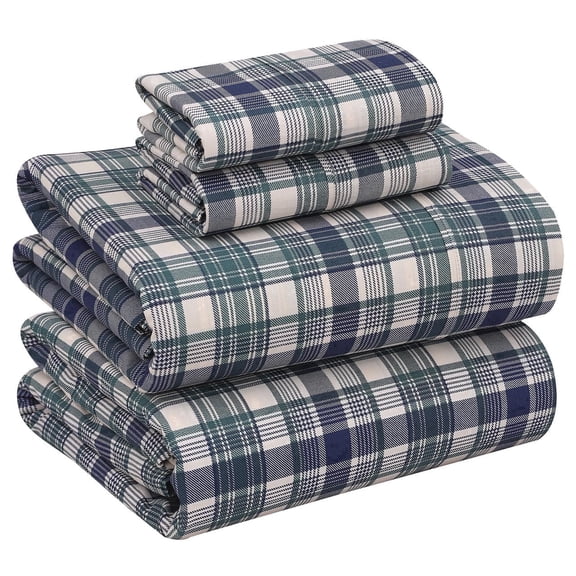 RUVANTI 100% Cotton Sheets – California King Percale Bedding, Cooling & Breathable Floral Design, Durable with a Crisp, Soft & Comfortable Feel, 14" Deep Pocket, 4-Piece Set, Greenish Blue Plaid