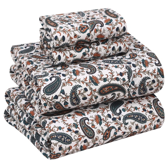 RUVANTI 100% Cotton Sheets – California King Percale Bedding, Cooling & Breathable Floral Design, Durable with a Crisp, Soft & Comfortable Feel, 14" Deep Pocket, 4-Piece Set, Teal Paisley