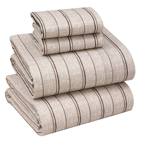 RUVANTI 100% Cotton Sheets – Full Size Percale Bedding, Cooling & Breathable Floral Design, Durable with a Crisp, Soft & Comfortable Feel, 16" Deep Pocket, 4-Piece Set, Brown Stripes