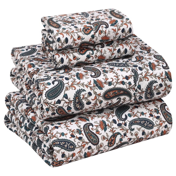 RUVANTI 100% Cotton Sheets – Full Size Percale Bedding, Cooling & Breathable Floral Design, Durable with a Crisp, Soft & Comfortable Feel, 16" Deep Pocket, 4-Piece Set, Teal Paisley