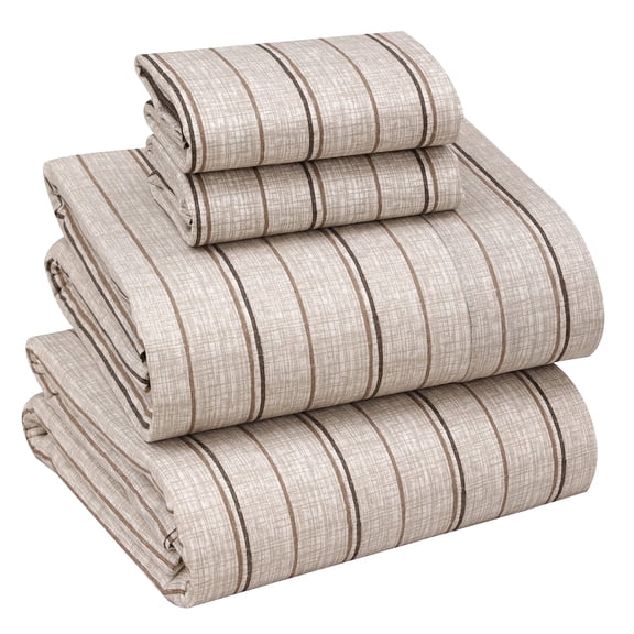 RUVANTI 100% Cotton Sheets – Queen Size Percale Bedding, Cooling & Breathable, Durable with a Crisp, Soft & Comfortable Feel, 16" Deep Pocket, 4-Piece Set, Brown Stripes