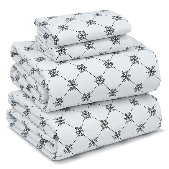 RUVANTI 100% Cotton Sheets for Queen Size Bed - Crispy Cooling Percale Sheets - Breathable & Durable Queen Sheet Set - 16 Inches Deep Pocket Queen Size Sheets - Damask Snowflake - 4 Pieces