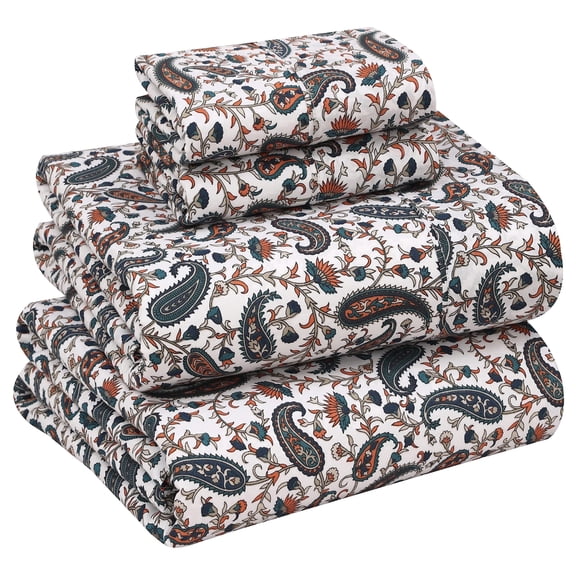 RUVANTI 100% Cotton Sheets – Queen Size Percale Bedding, Cooling & Breathable Floral Design, Durable with a Crisp, Soft & Comfortable Feel, 16" Deep Pocket, 4-Piece Set, Teal Paisley