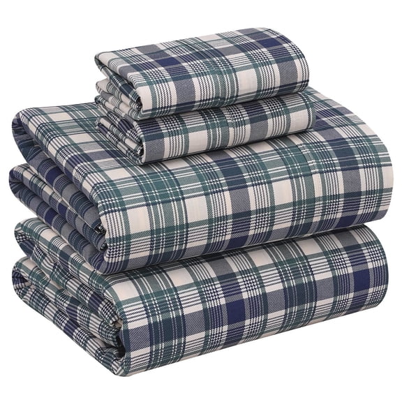 RUVANTI 100% Cotton Sheets – Full Size Percale Bedding, Cooling & Breathable Floral Design, Durable with a Crisp, Soft & Comfortable Feel, 16" Deep Pocket, 4-Piece Set, Greenish Blue Plaid