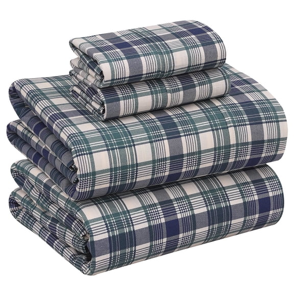 RUVANTI 100% Cotton Sheets – Full Size Percale Bedding, Cooling & Breathable Floral Design, Durable with a Crisp, Soft & Comfortable Feel, 16" Deep Pocket, 4-Piece Set, Greenish Blue Plaid