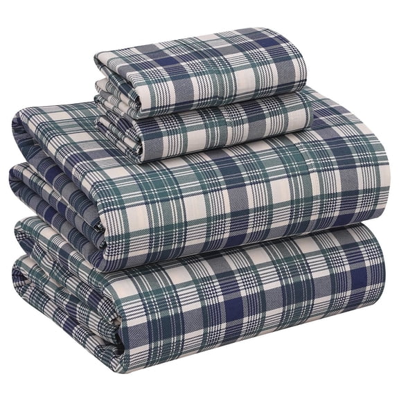 RUVANTI 100% Cotton Sheets – Full Size Percale Bedding, Cooling & Breathable Floral Design, Durable with a Crisp, Soft & Comfortable Feel, 16" Deep Pocket, 4-Piece Set, Greenish Blue Plaid