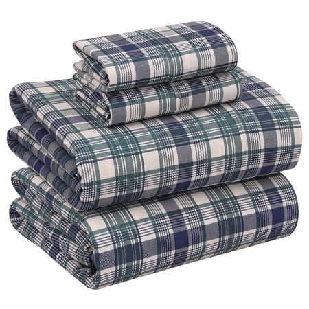 RUVANTI 100% Cotton Sheets – Queen Size Percale Bedding, Cooling & Breathable Floral Design, Durable with a Crisp, Soft & Comfortable Feel, 16" Deep Pocket, 4-Piece Set, Greenish Blue Plaid