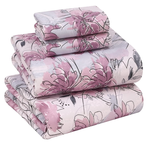 RUVANTI 100% Cotton Sheets Queen Size Percale Bedding, Cooling & Breathable Floral Design, Durable with a Crisp, Soft & Comfortable Feel, 16" Deep Pocket, 4-Piece Set, Lilac Floral