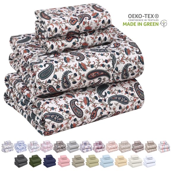 Ruvanti 100% Cotton Sheets Split King Size Bed Sheet Set16 inches Deep Pockets Perfect Fitting-Crisp & Cool Percale sheets-Smooth & Comfortable-5 Piece Bedding and Pillowcase set, Teal Paisley