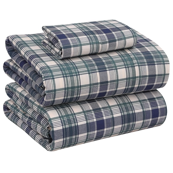 RUVANTI 100% Cotton Sheets – Twin Size Percale Bedding, Cooling & Breathable Floral Design, Durable with a Crisp, Soft & Comfortable Feel, 16" Deep Pocket, 3-Piece Set, Greenish Blue Plaid