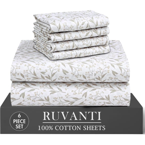 RUVANTI 100% Cotton Percale Sheets California King Size 6 Piece Set, Cooling Bed Sheets for Hot Sleepers, Deep Pocket 14”, Breathable Lightweight & Durable, Crisp Hotel Style Sheets, Botanica Living