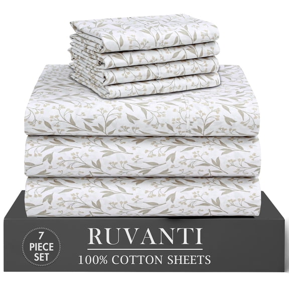 RUVANTI 7 Pcs Cotton Sheets - 100% Natural Cotton Soft, Lightweight & Breathable Crispy Percale Bed Sheets, Split King Sheets for Adjustable Bed 16" Deep Pockets, Botanica Living