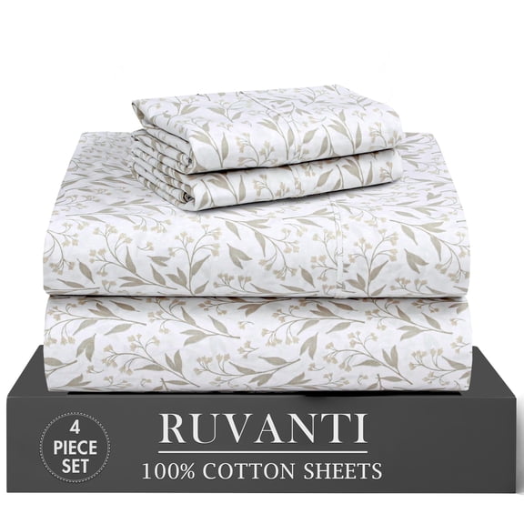 RUVANTI 100% Cotton Percale Sheets Twin Size 4 Piece Set, Cooling Bed Sheets for Hot Sleepers, Deep Pocket 16”, Breathable Lightweight & Durable, Crisp Hotel Style Sheets, Botanica Living