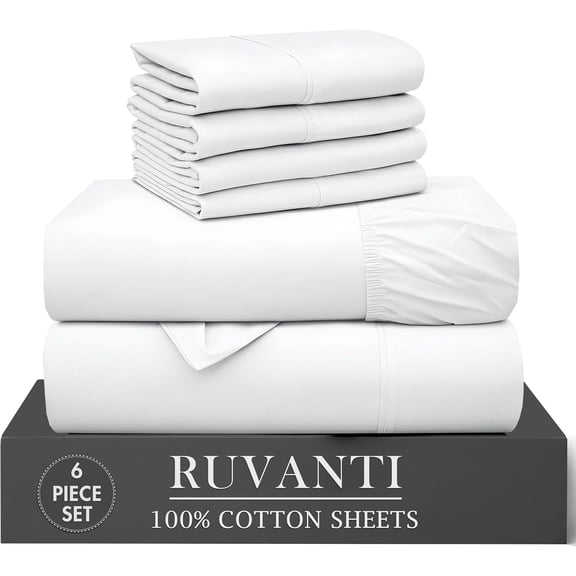 RUVANTI 6 Pcs Cotton Sheets - 100% Natural Cotton Soft, Lightweight & Breathable Crispy Percale Bed Sheets, King Size Sheets Set 16" Deep Pockets, Bright White