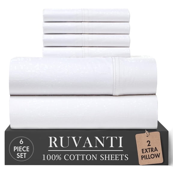 RUVANTI 100% Cotton Percale Sheets Queen Size 6 Piece Set, Cooling Bed Sheets for Hot Sleepers, Deep Pocket 16”, Breathable Lightweight & Durable, Crisp Hotel Style Sheets, Bright White