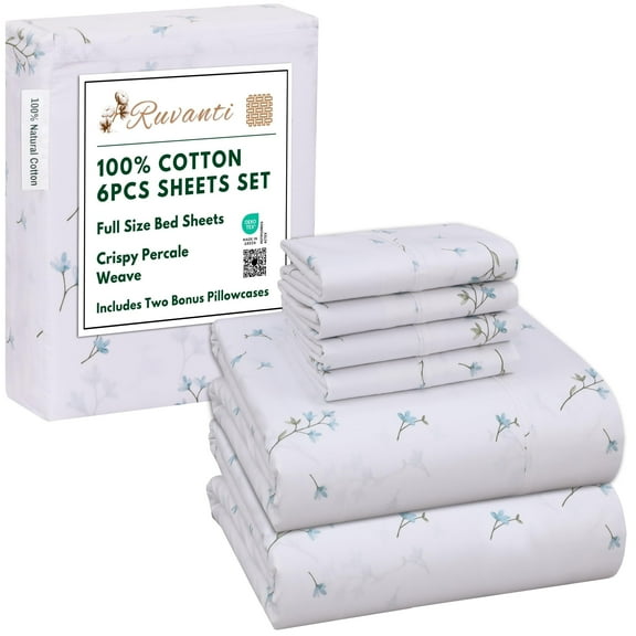 RUVANTI 6 Pcs Cotton Sheets - 100% Natural Cotton Soft, Lightweight & Breathable Crispy Percale Sheets, Full Size Bed Sheets 16" Deep Pockets, Burgeon