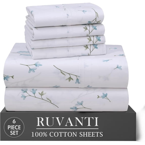 RUVANTI 6 Pcs Cotton Sheets - 100% Natural Cotton Soft, Lightweight & Breathable Crispy Percale Sheets, Full Size Bed Sheets 16" Deep Pockets, Burgeon