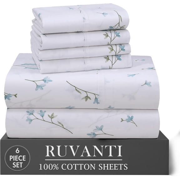 RUVANTI 6 Pcs Cotton Sheets - 100% Natural Cotton Soft, Lightweight & Breathable Crispy Percale Bed Sheets, Queen Sheet Set 16" Deep Pockets, Burgeon