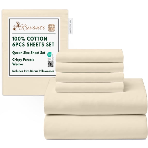 RUVANTI 6 Pcs Cotton Sheets - 100% Natural Cotton Soft, Lightweight & Breathable Crispy Percale Bed Sheets, Queen Sheet Set 16" Deep Pockets, Cloud Cream