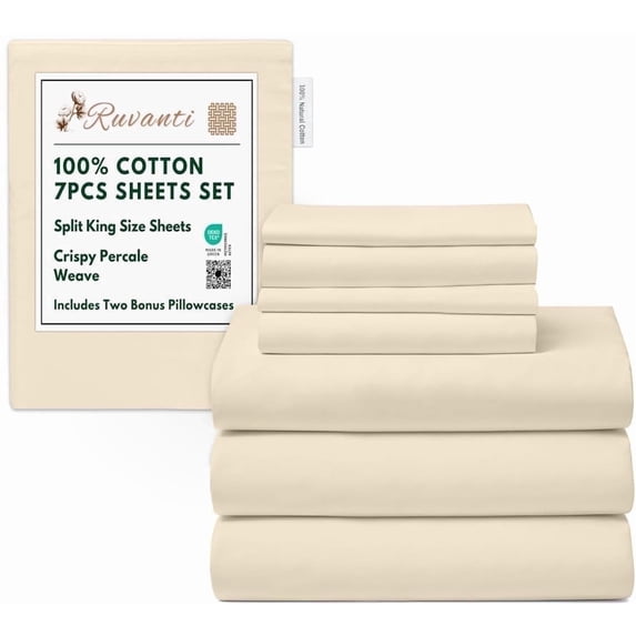 RUVANTI 7 Pcs Cotton Sheets - 100% Natural Cotton Soft, Lightweight & Breathable Crispy Percale Bed Sheets, Split King Sheets for Adjustable Bed 16" Deep Pockets, Cloud Cream