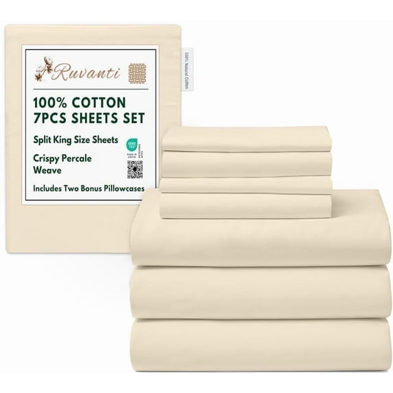 RUVANTI 7 Pcs Cotton Sheets - 100% Natural Cotton Soft, Lightweight & Breathable Crispy Percale Bed Sheets, Split King Sheets for Adjustable Bed 16" Deep Pockets, Cloud Cream