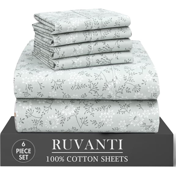 RUVANTI 6 Pcs Cotton Sheets - 100% Natural Cotton Soft, Lightweight & Breathable Crispy Percale Bed Sheets, California King Sheet Sets 14" Deep Pockets, Everbloom Studio