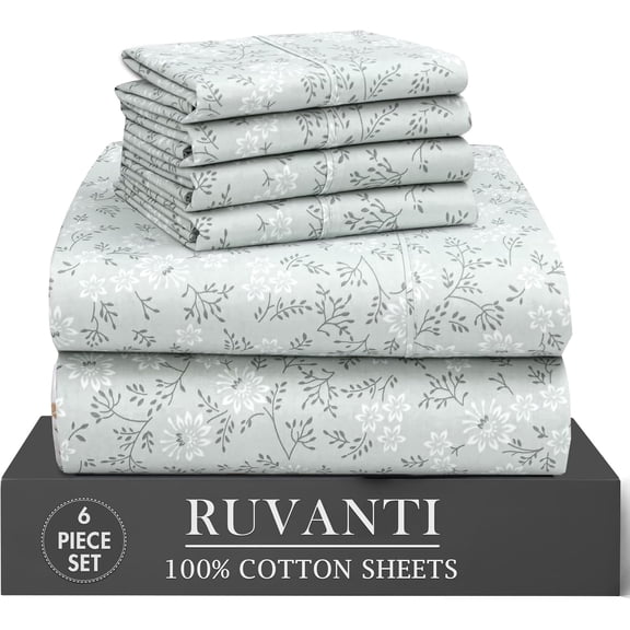 RUVANTI 6 Pcs Cotton Sheets - 100% Natural Cotton Soft, Lightweight & Breathable Crispy Percale Bed Sheets, Queen Sheet Set 16" Deep Pockets, Everbloom Studio